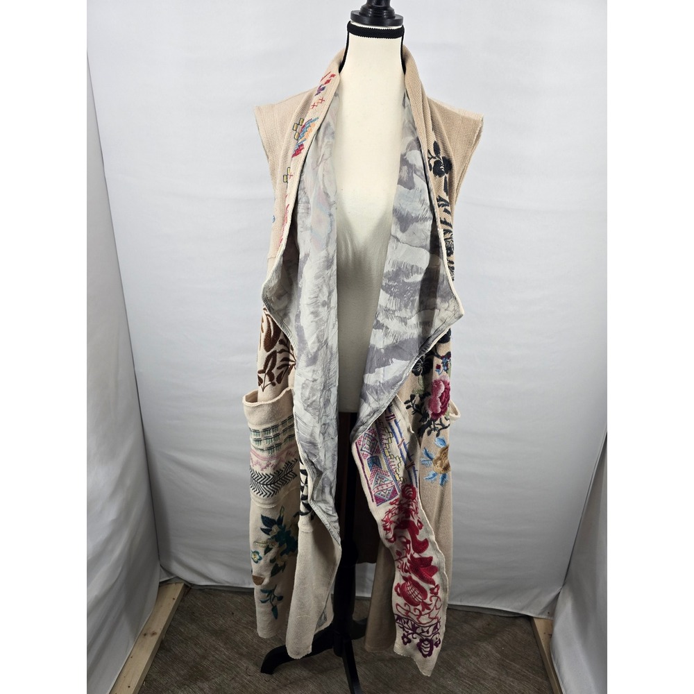 Biya Johnny Was Womens XXL Embroidered Boho Long Duster Vest Cardigan Beige XXL